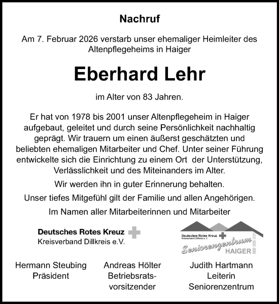 Traueranzeige von Eberhard Lehr von Dill Block