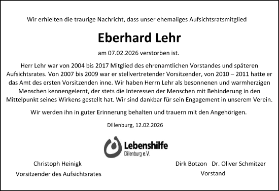 Traueranzeige von Eberhard Lehr von Dill Block