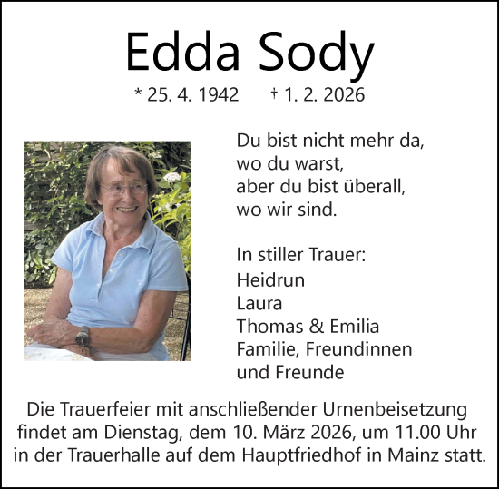 Traueranzeige von Edda Sody von Allgemeine Zeitung Mainz