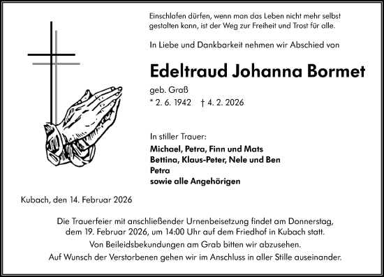 Traueranzeige von Edeltraud Johanna Bormet von Weilburger Tageblatt