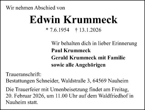 Traueranzeige von Edwin Krummeck von Rüsselsheimer Echo