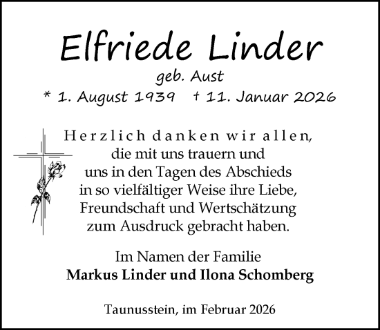 Traueranzeige von Elfriede Linder von Rheingau-Taunus-Kreis Wochenblatt