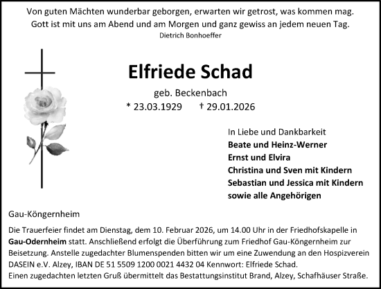 Traueranzeige von Elfriede Schad von Allgemeine Zeitung Alzey