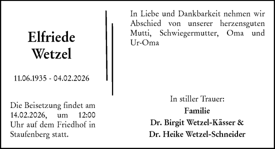 Traueranzeige von Elfriede Wetzel von Wormser Zeitung