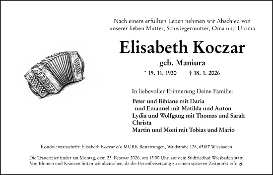 Traueranzeige von Elisabeth Koczar von Wiesbadener Kurier