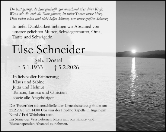 Traueranzeige von Else Schneider von Allgemeine Zeitung Rheinhessen-Nahe