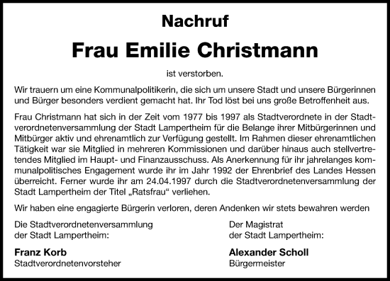 Traueranzeige von Emilie Christmann von Starkenburger Echo