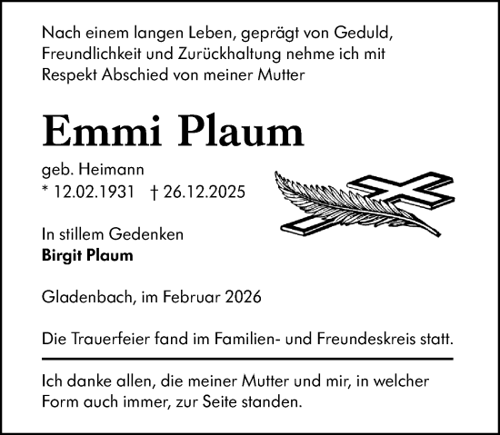 Traueranzeige von Emmi Plaum von Hinterländer Anzeiger
