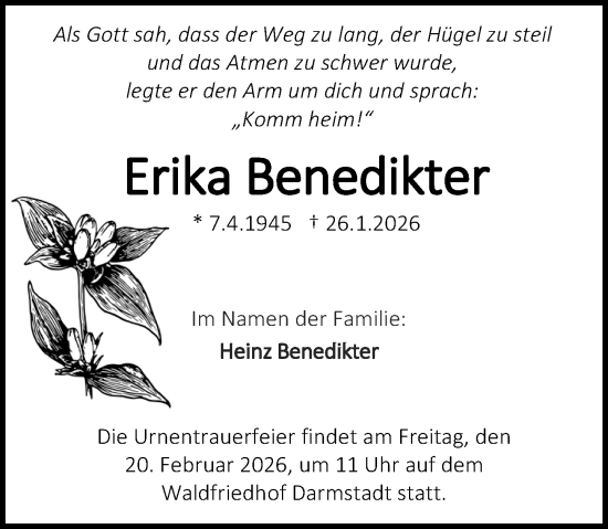 Traueranzeige von Erika Benedikter von Darmstädter Echo