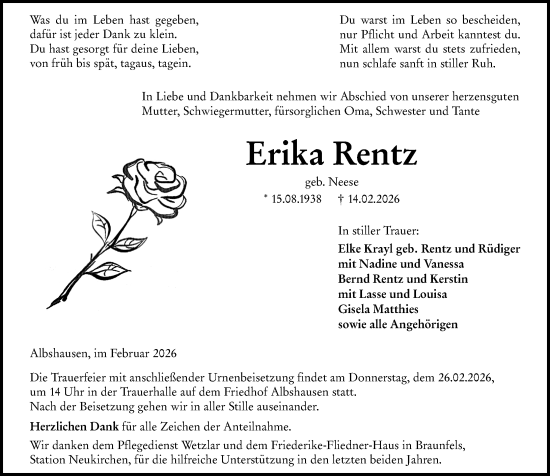 Traueranzeige von Erika Rentz von Wetzlarer Neue Zeitung