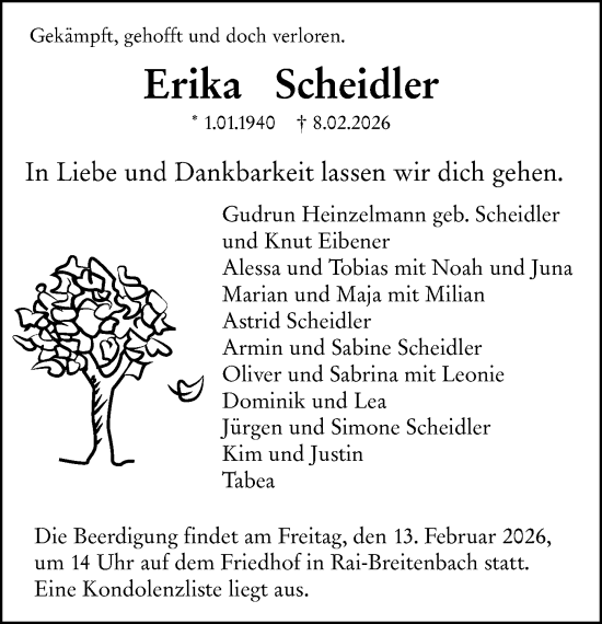 Traueranzeige von Erika Scheidler von Odenwälder Echo