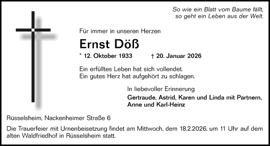 Traueranzeige von Ernst Döß von Rüsselsheimer Echo