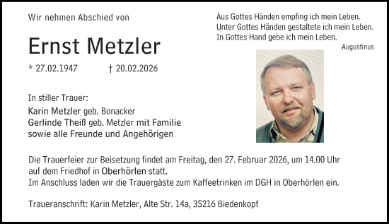 Traueranzeige von Ernst Metzler von Hinterländer Anzeiger