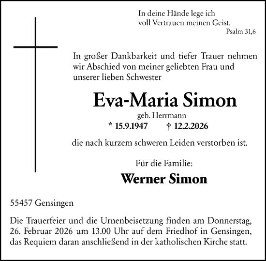 Traueranzeige von Eva-Maria Simon von Allgemeine Zeitung Rheinhessen-Nahe