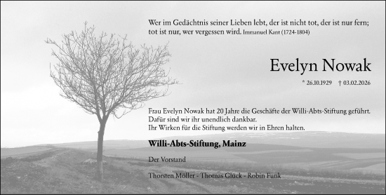Traueranzeige von Evelyn Nowak von Allgemeine Zeitung Mainz