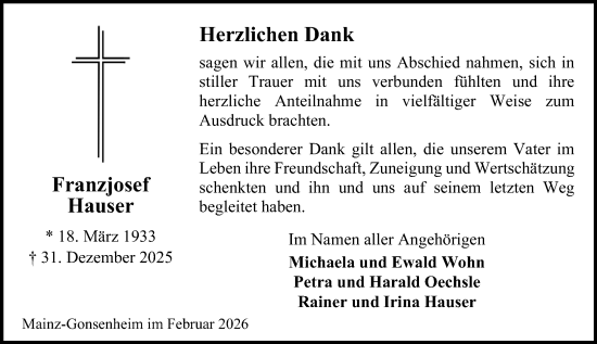 Traueranzeige von Franzjosef Hauser von Allgemeine Zeitung Mainz
