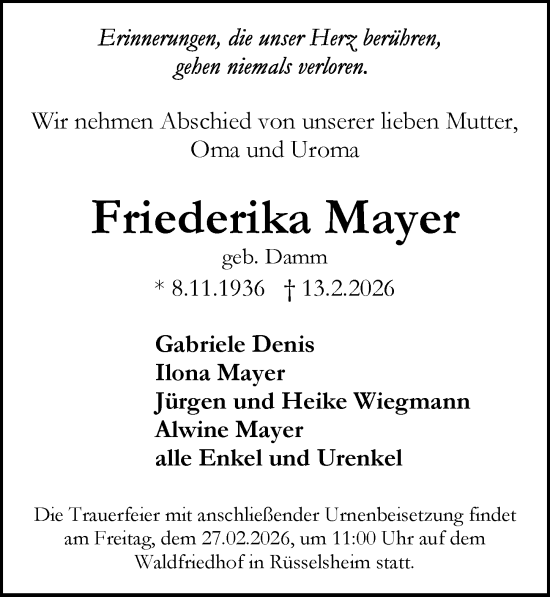 Traueranzeige von Friederika Mayer von Rüsselsheimer Echo