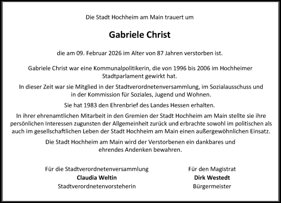 Traueranzeige von Gabriele Christ von Hochheimer Zeitung
