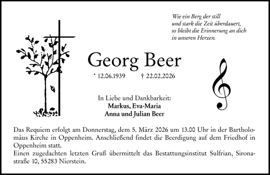 Traueranzeige von Georg Beer von Allgemeine Zeitung Mainz