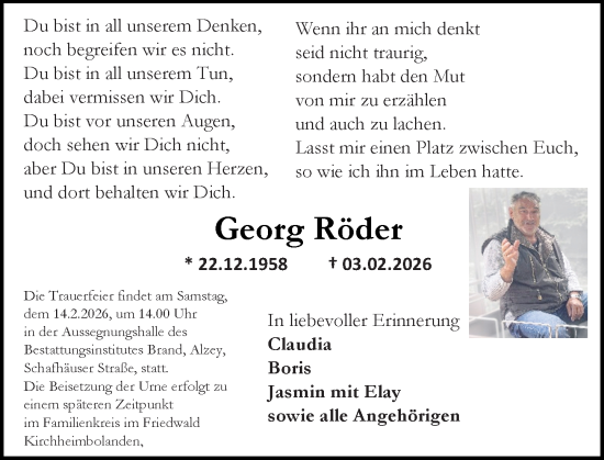 Traueranzeige von Georg Röder von Allgemeine Zeitung Alzey