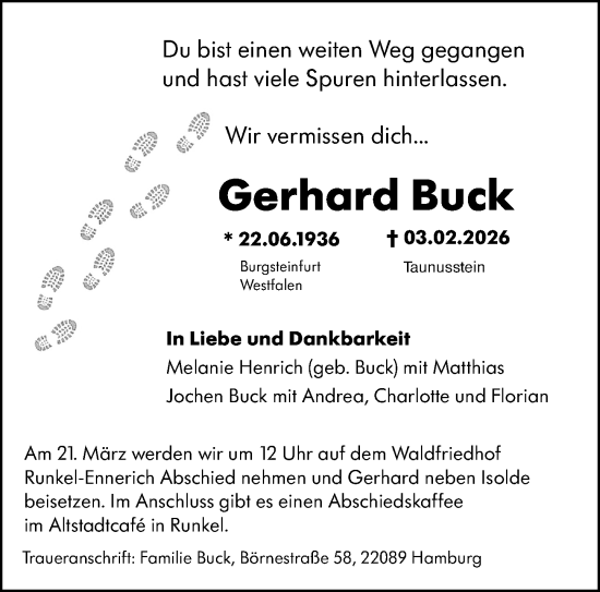 Traueranzeige von Gerhard Buck von Wiesbadener Kurier