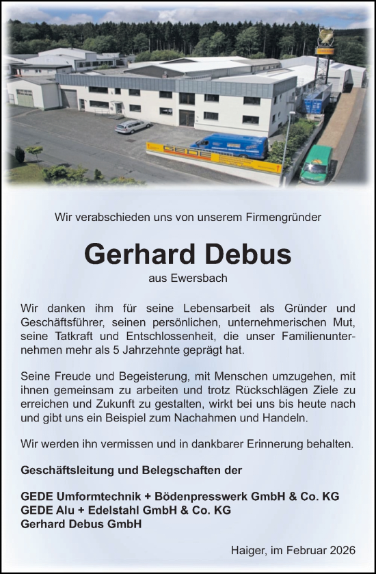 Traueranzeige von Gerhard Debus von Dill Block