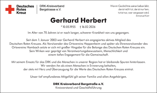 Traueranzeige von Gerhard Herbert von Starkenburger Echo