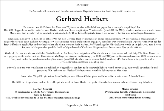 Traueranzeige von Gerhard Herbert von Starkenburger Echo