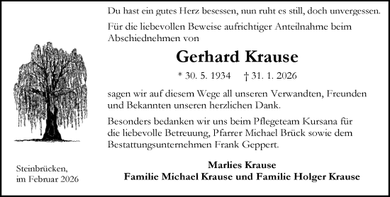 Traueranzeige von Gerhard Krause von Dill Block