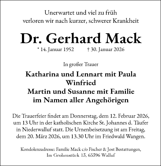Traueranzeige von Gerhard Mack von Wiesbadener Kurier