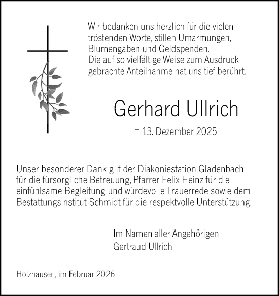 Traueranzeige von Gerhard Ullrich von Hinterländer Anzeiger