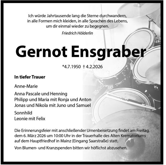 Traueranzeige von Gernot Ensgraber von Allgemeine Zeitung Mainz