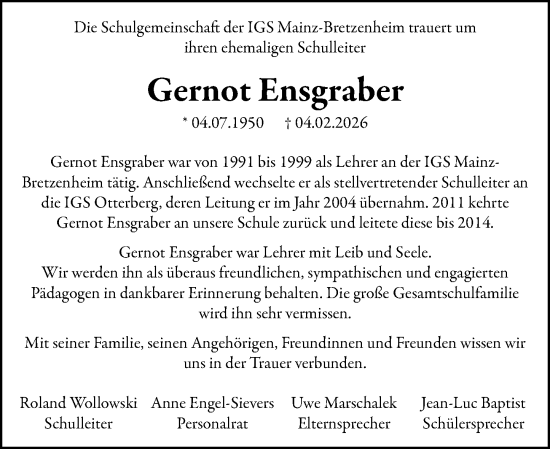 Traueranzeige von Gernot Ensgraber von Allgemeine Zeitung Mainz