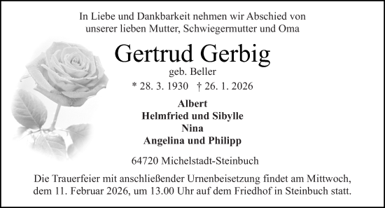 Traueranzeige von Gertrud Gerbig von Odenwälder Echo