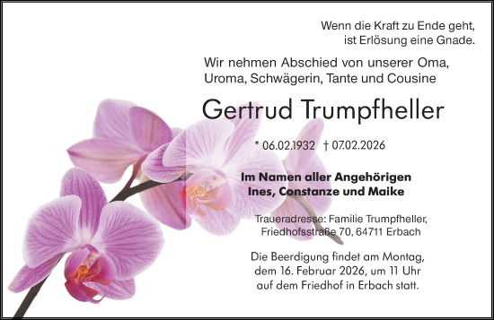 Traueranzeige von Gertrud Trumpfheller von Odenwälder Echo