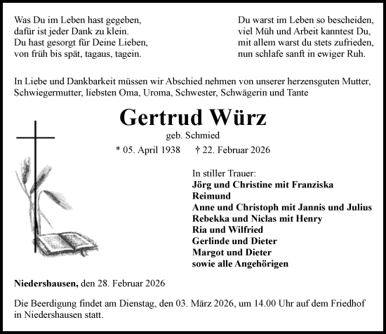 Traueranzeige von Gertrud Würz von Weilburger Tageblatt