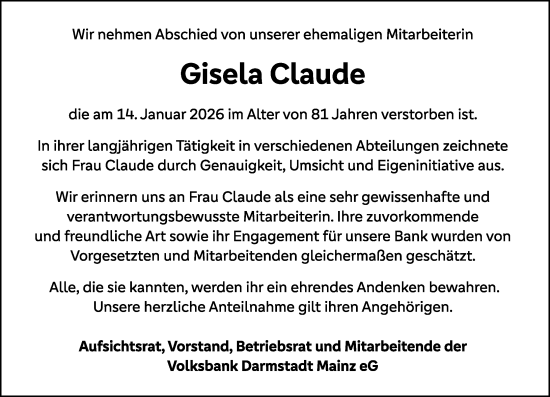 Traueranzeige von Gisela Claude von Allgemeine Zeitung Mainz