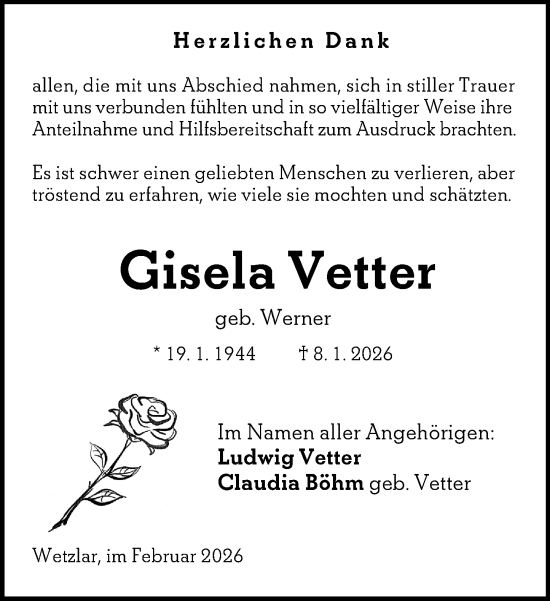 Traueranzeige von Gisela Vetter von Wetzlarer Neue Zeitung