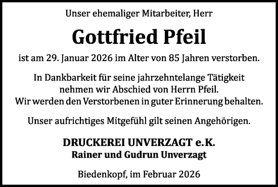 Traueranzeige von Gottfried Pfeil von Hinterländer Anzeiger