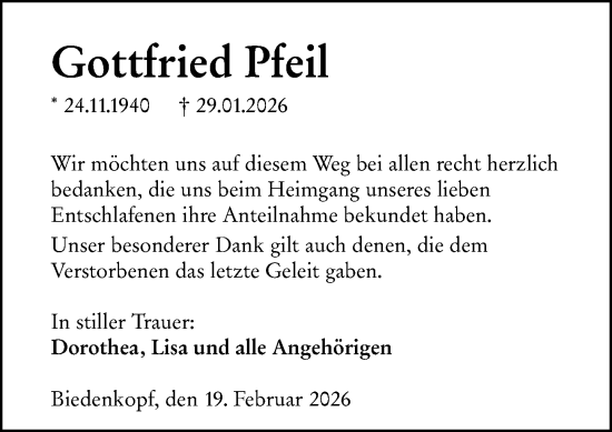 Traueranzeige von Gottfried Pfeil von Hinterländer Anzeiger