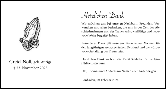 Traueranzeige von Gretel Noll von Wetzlarer Neue Zeitung