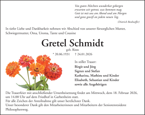 Traueranzeige von Gretel Schmidt von Wetzlarer Neue Zeitung