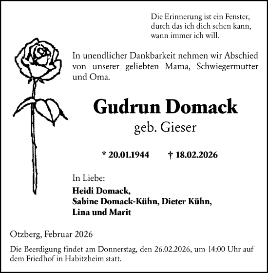 Traueranzeige von Gudrun Domack von Darmstädter Echo
