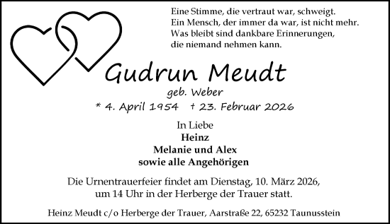 Traueranzeige von Gudrun Meudt von Idsteiner Land/Untertaunus