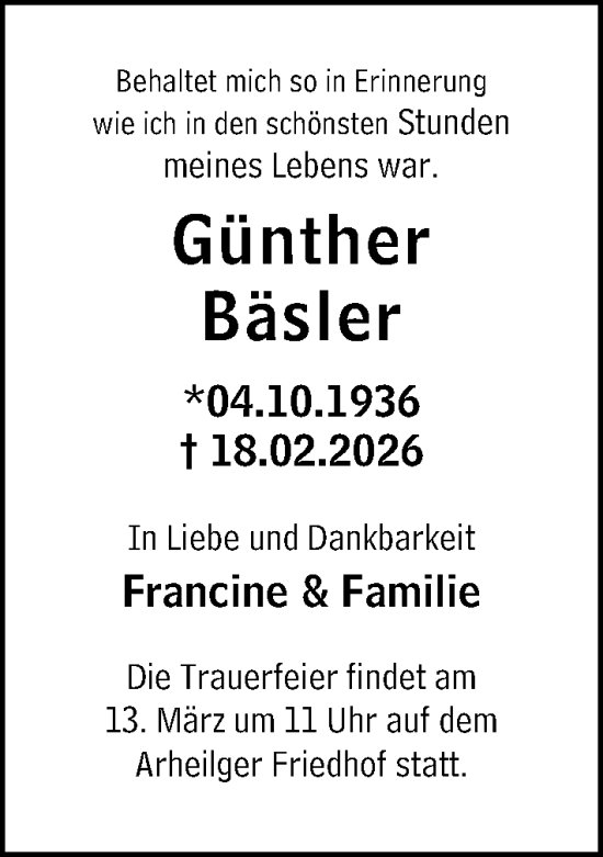 Traueranzeige von Günther Bäsler von Darmstädter Echo