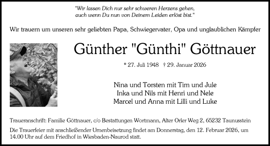 Traueranzeige von Günther Göttnauer von Wiesbadener Kurier