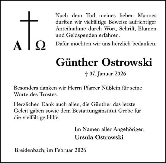 Traueranzeige von Günther Ostrowski von Hinterländer Anzeiger