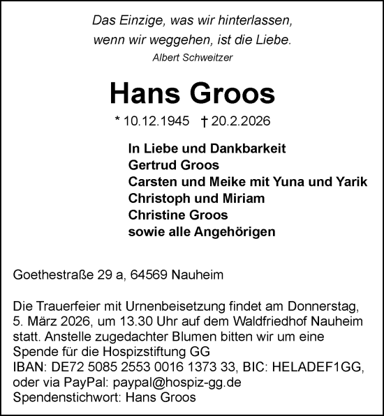 Traueranzeige von Hans Groos von Rüsselsheimer Echo