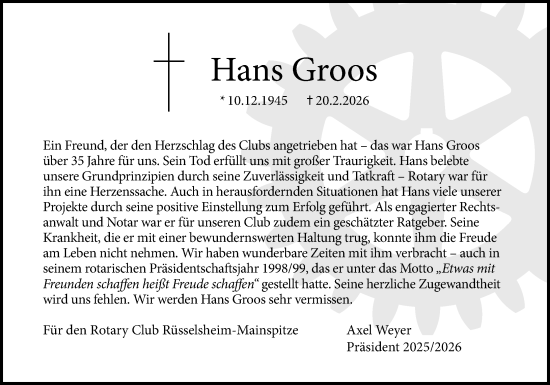 Traueranzeige von Hans Groos von Rüsselsheimer Echo