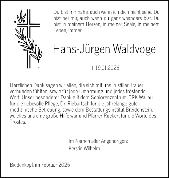 Traueranzeige von Hans-Jürgen Waldvogel von Hinterländer Anzeiger